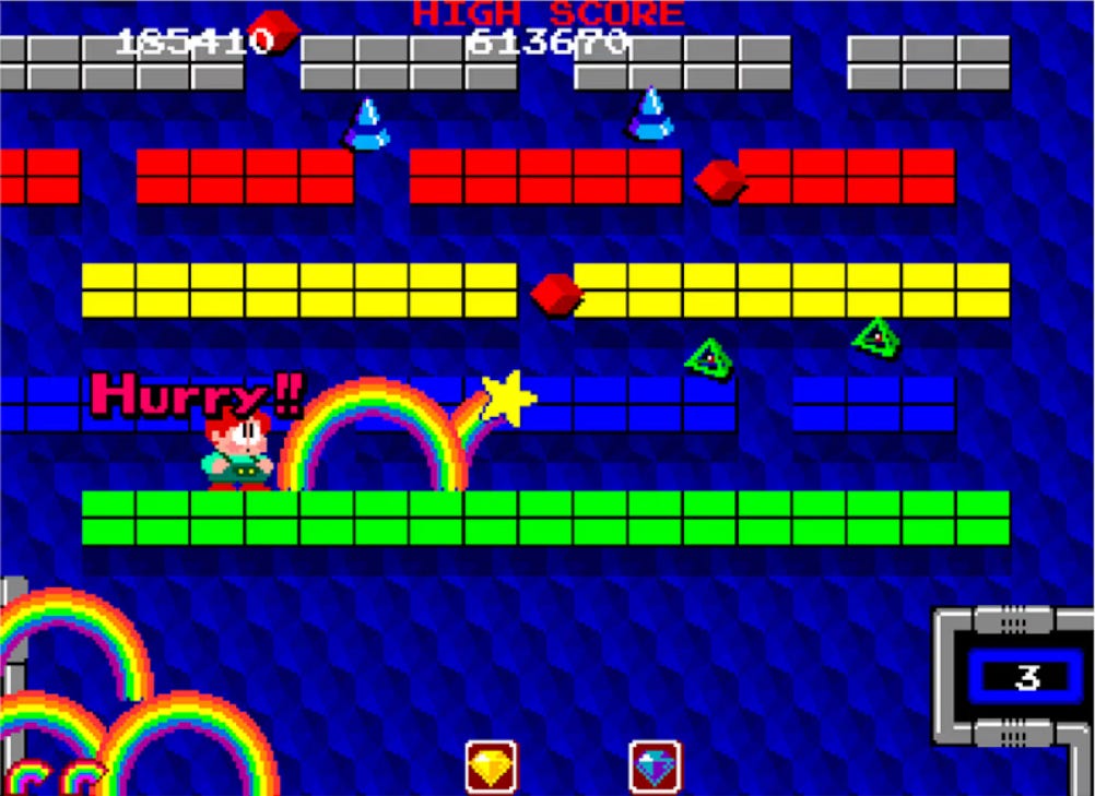 A screenshot from Rainbow Islands' Arcade Archives release, with the game saying "Hurry!!" to the player to get them to ascend before the flood begins. There are rainbows and collectibles everywhere, and everything is so very brightly colored, with Taito once again presenting a cutesy game that wants to hurt you.