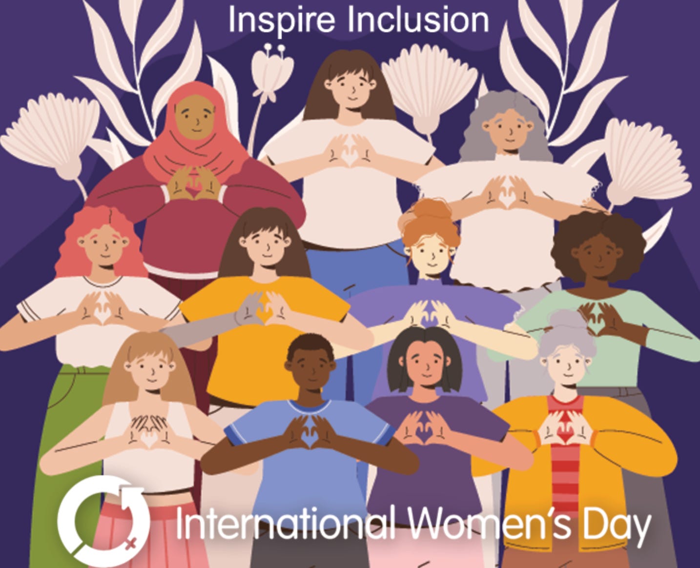 A purple background behind a group of diverse individuals making heart hands, the symbol of 2024 International Women's Day, with the theme "Inspire Inclusion"