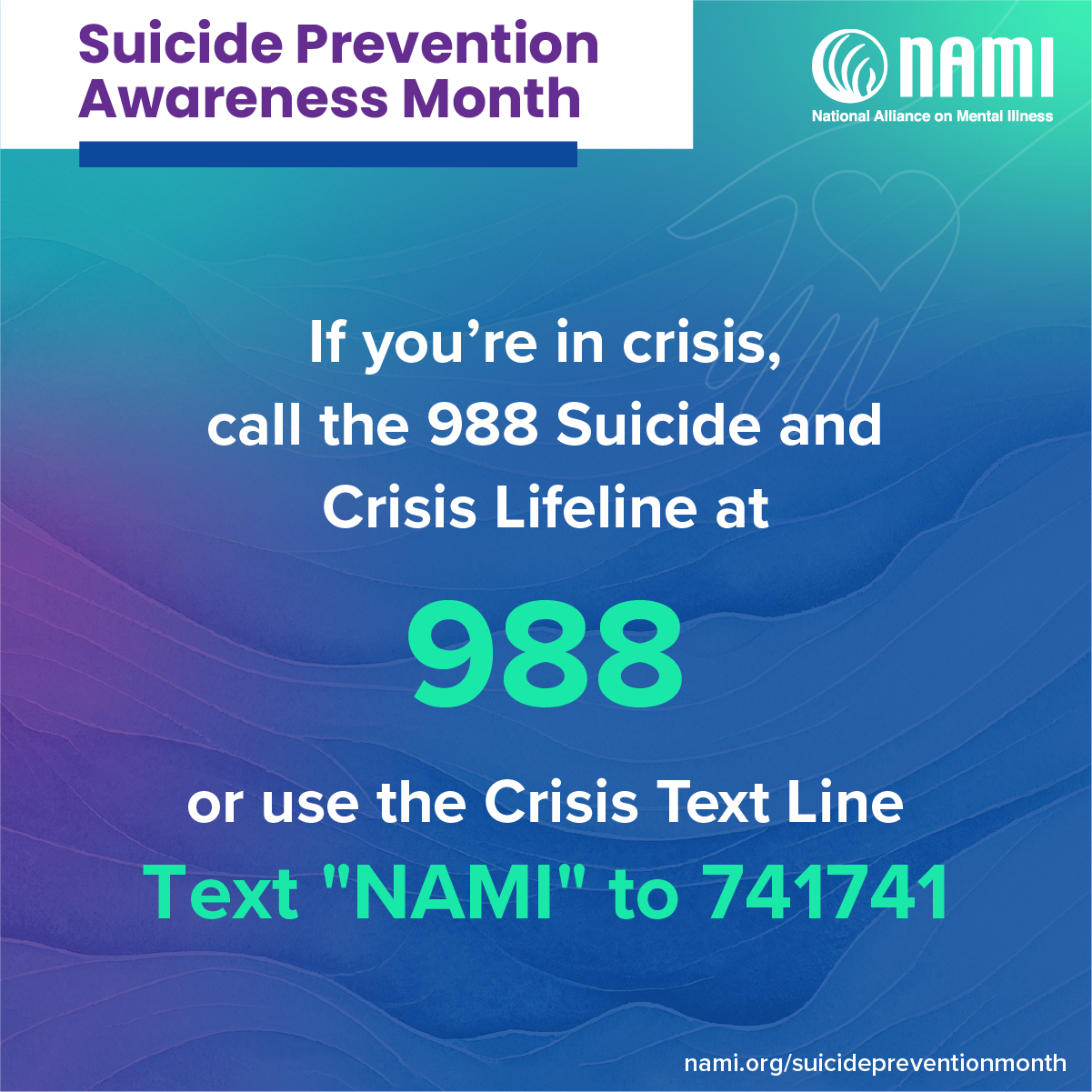 Call the 988 Suicide and Crisis Lifeline at 988 if you need help or text "NAMI" to 741741