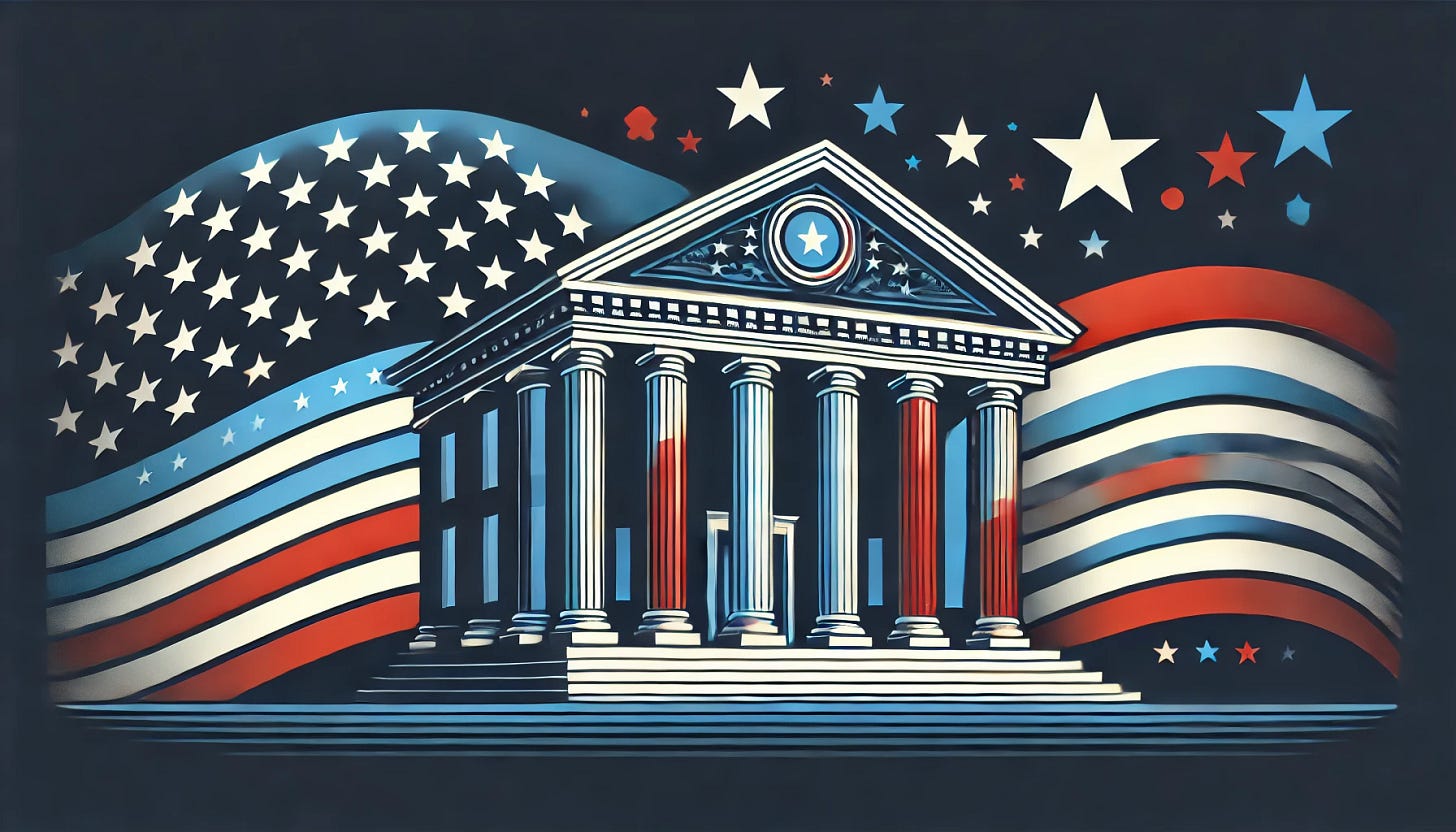 A clean, stylized horizontal digital illustration with no text, symbolizing banking and America. The image should feature a classic bank building with pillars, integrated with patriotic elements like an American flag, stars, and red, white, and blue accents. Use a dark blue background with minimalistic design and a modern, bold style. Ideal for use in social media or policy commentary branding.