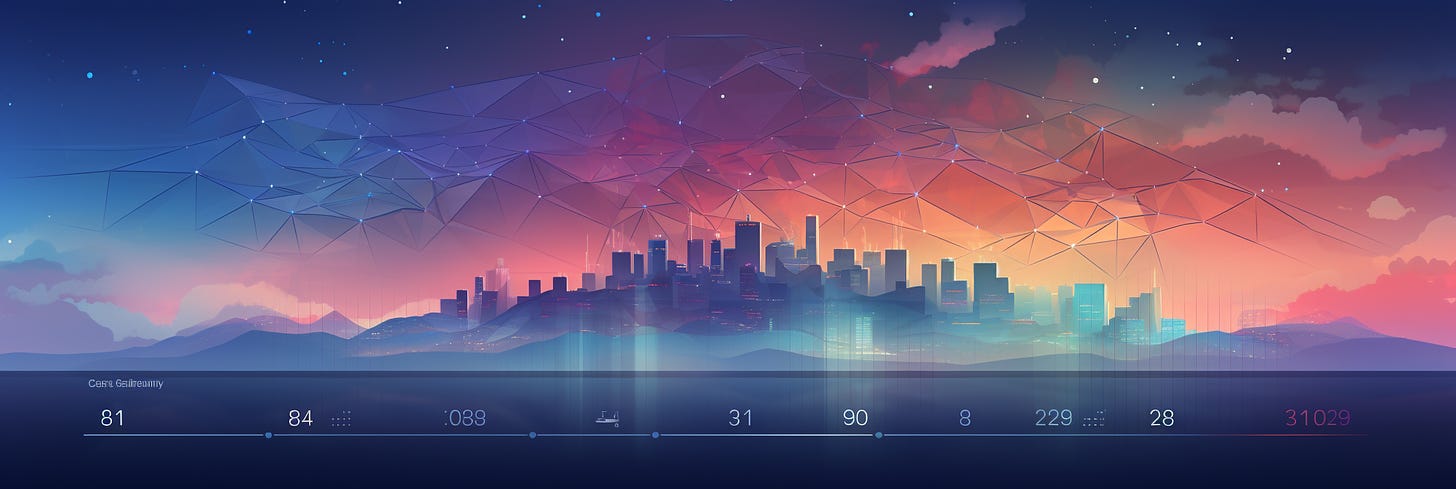 A panoramic digital image displaying a futuristic city skyline overlaid with a geometric, translucent network of lines and nodes that transition from cool blues to warm sunset hues. The horizon is dotted with data points and numerical values, suggesting a dynamic overlay of statistical information or a virtual interface.