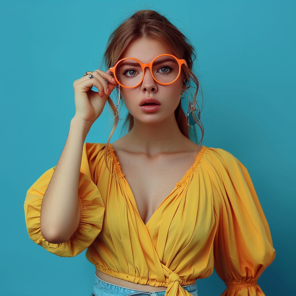 the biggest lie about paywalling on Substack concept — A white young woman, frowning, being curious, looking through a lens, with vivid color clothes wearing reading glasses, wearing contrasting vivid color accessories isolated on vivid contrasting colorful background with space. Colors: pink, color code #e11a72