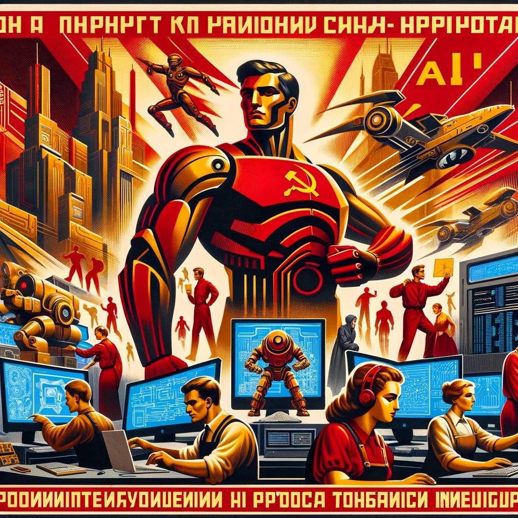 A socialist propaganda poster in the style of Soviet Stakhanovite art, urging engineers and computer scientists forward in the technological revolution to produce AGI (Artificial General Intelligence). The poster features bold, heroic figures in dynamic poses, working with computers, circuit boards, and AI schematics. A strong red and gold color scheme, with industrial and futuristic elements combined. Slogans in bold Cyrillic letters encourage progress, innovation, and tireless effort for the advancement of AGI. The background showcases a futuristic skyline, with robotic arms and data streams symbolizing technological progress.