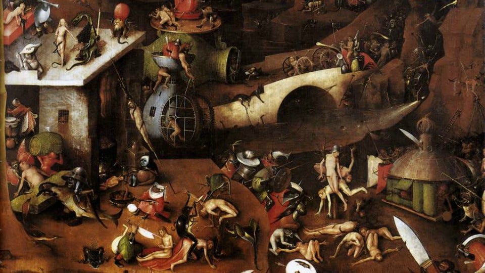 Detail from Bosch's the last judgment. A lot of hellsih demon looking guys in an apocalypse scene. 