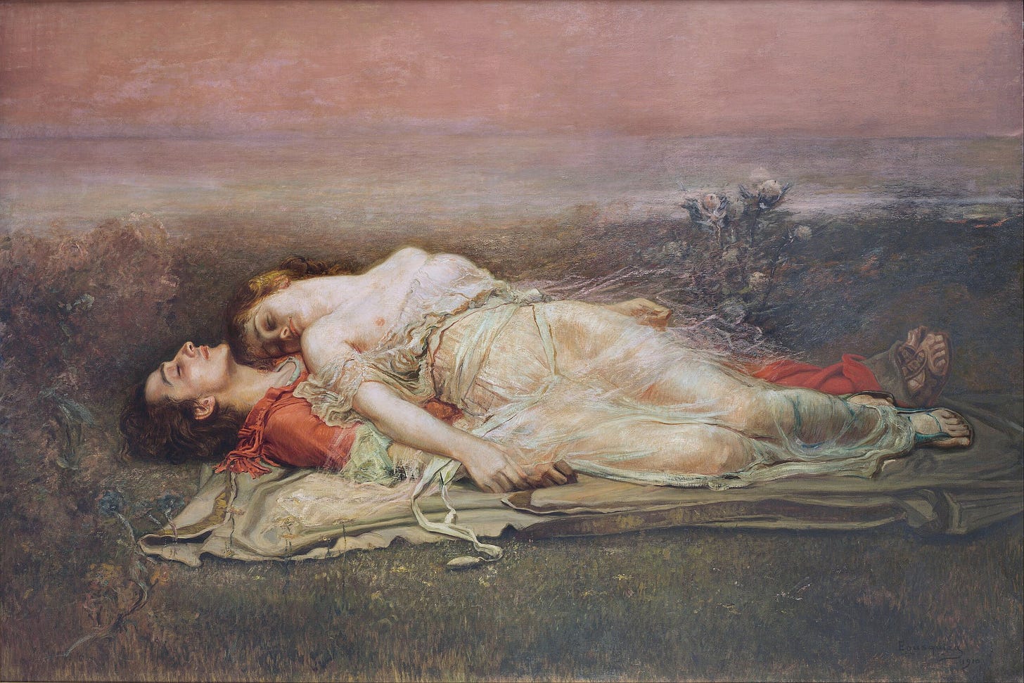 Painting of a woman lying dead on top of a man who is also dead; they are in a field surrounded by flowers, with the sea in the distance.