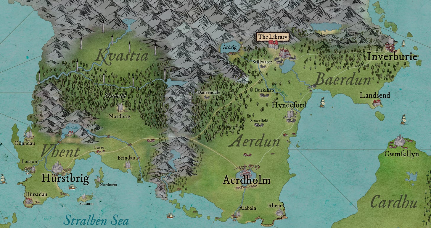 Map of Vhent, Kvastia, and the Twin Kingdoms: Aerdun and Baerdun