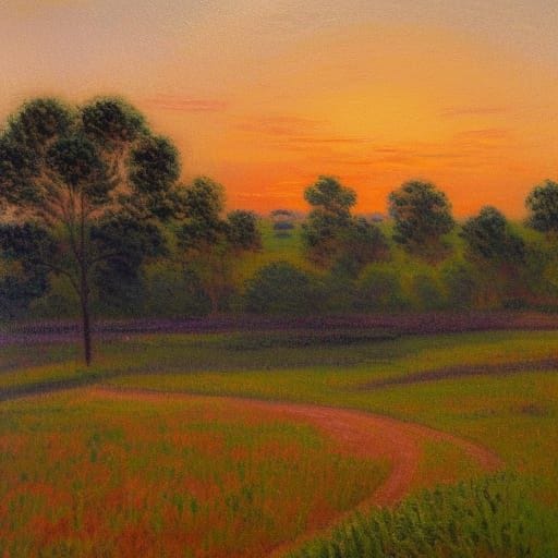 a depiction of the american south landscape in the style of Monet, with fields and trees and flowers, at sunset 

