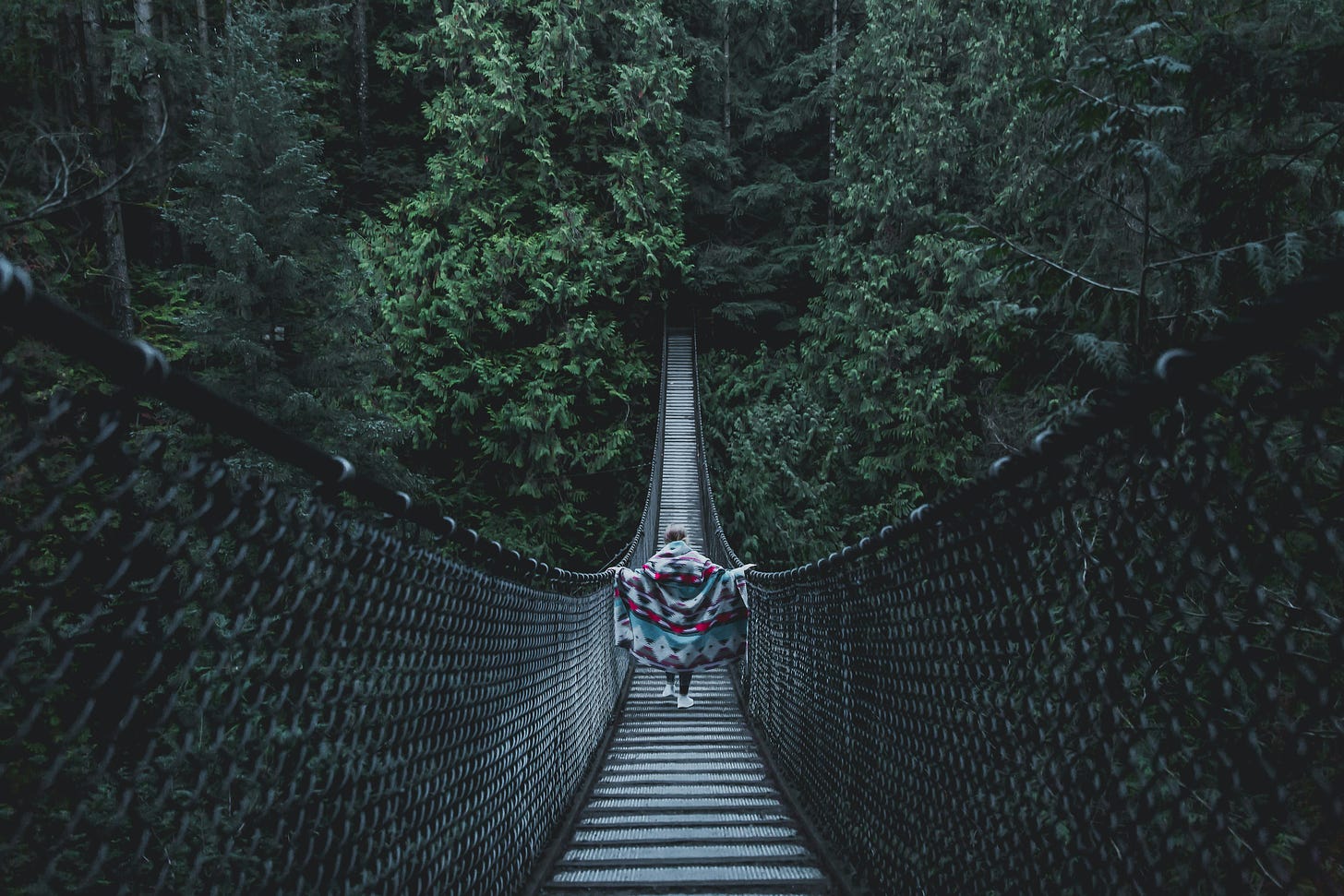 Woman shown from the back walking across a suspension bridge in a forest