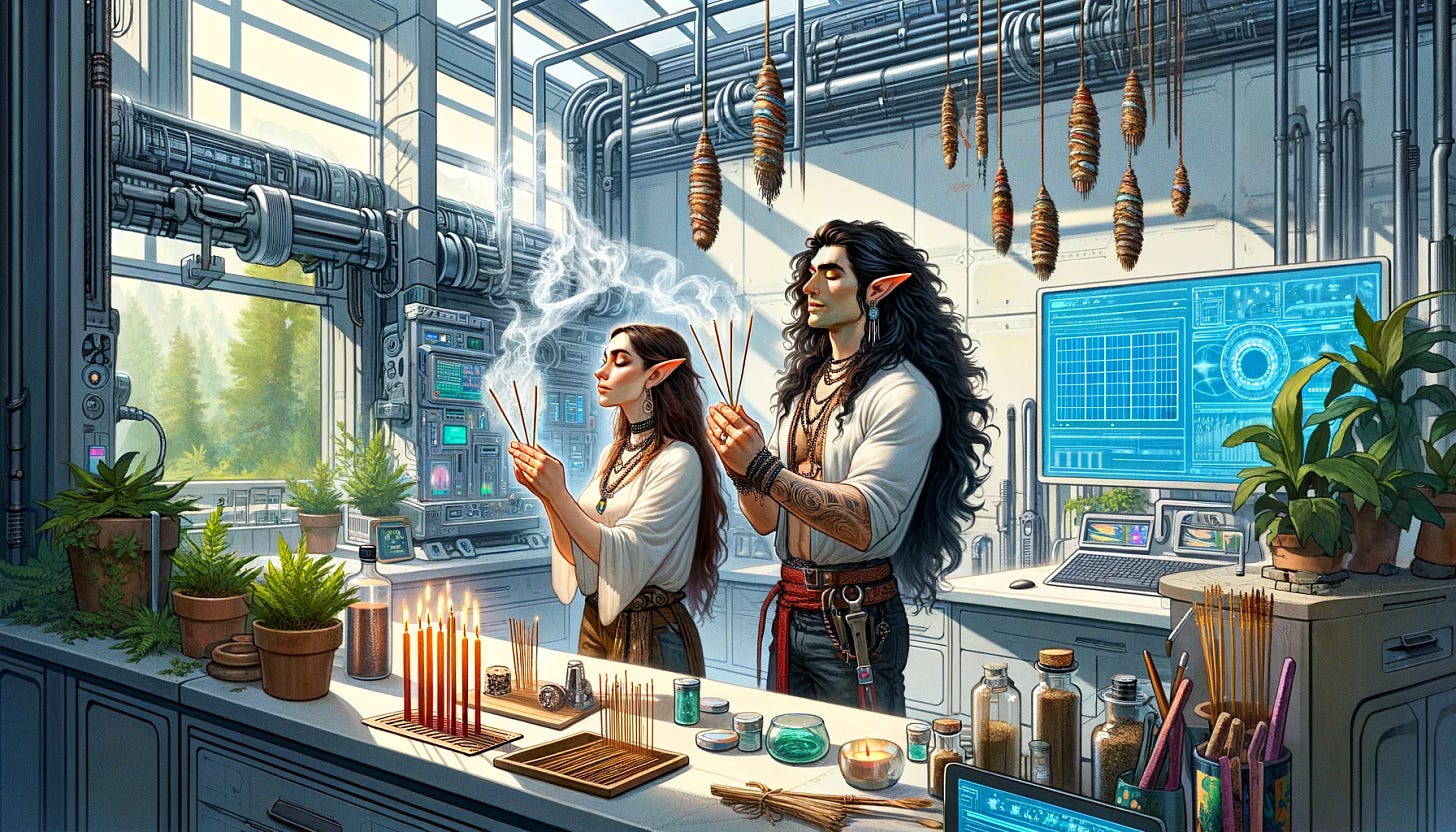 An illustration of an elf mother and father cleansing their laboratory using incense and smudges, in a solarpunk setting. The mother, an engineer with long brown hair, and the father, with long, curly black hair, are in a high-tech, eco-friendly laboratory. They are performing a cleansing ritual, with incense sticks and smudge bundles emitting aromatic smoke, creating a serene and mystical atmosphere. The laboratory is equipped with advanced technology, yet harmonizes with nature, featuring natural lighting, plants, and sustainable materials. This scene combines the futuristic aspects of solarpunk with traditional spiritual practices, reflecting the family's connection to both science and nature.