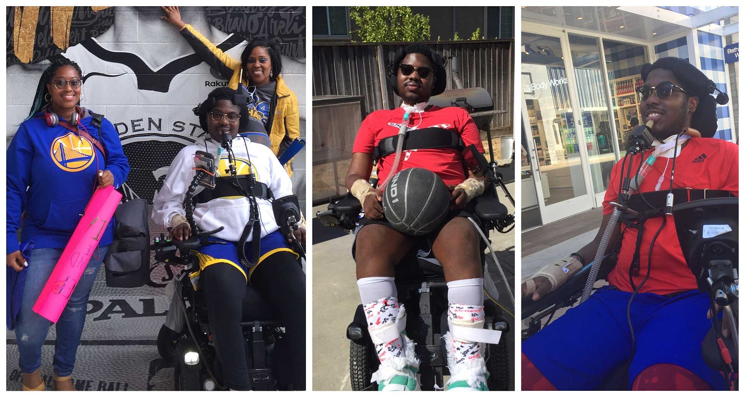 Collage of photos featuring NJ Walker, a young black man seated in a power wheelchair.