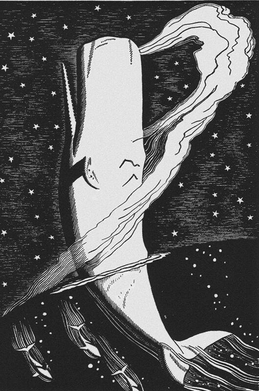 A woodcut design of an enormous whale rising vertically out of the ocean against a starry night sky. Much smaller whales swim below the water.