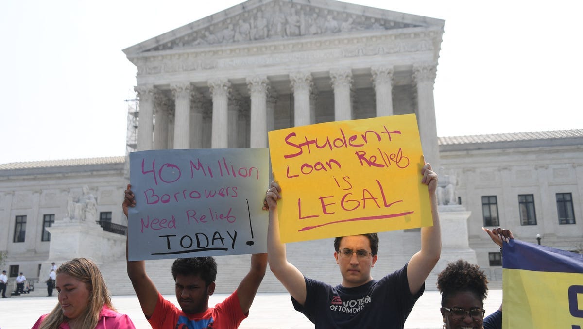 Supporters of student debt forgiveness demonstrate outside the Supreme Court on June 30, 2023, in Washington, D.C.
