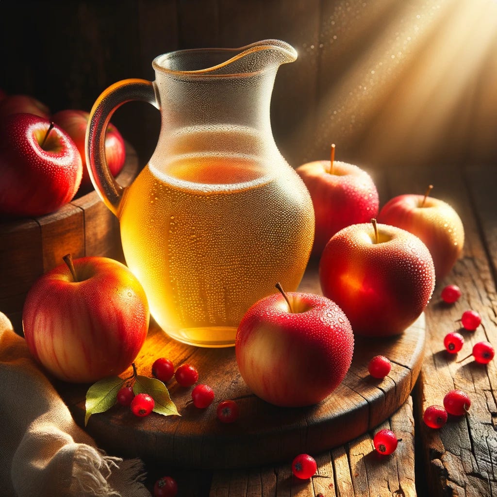 Photo of a rustic wooden table adorned with a glass jug filled with golden apple cider, surrounded by fresh red apples with dew drops. The sunlight filters through the jug, casting a warm glow on the table.