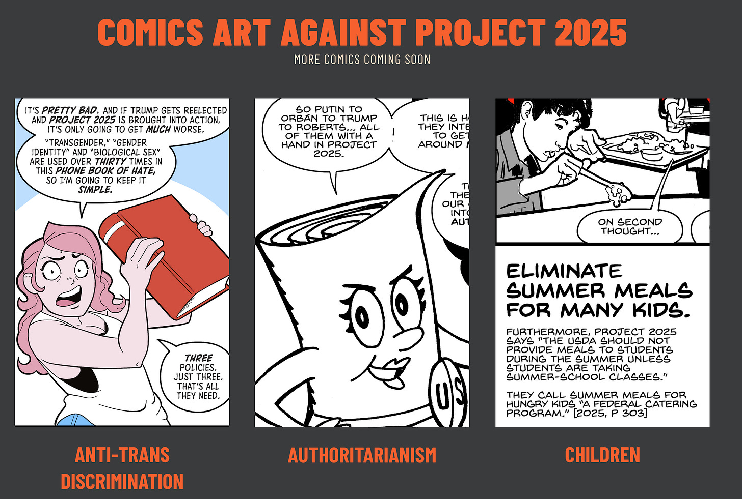 Screenshot: Comics Against Project 2025. 3 panels representing three topics: Anti-trans discrimination, Authoritarianism, Children.