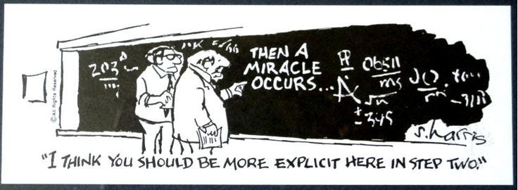 A famous cartoon by Sidney Harris shows two scientists at work at a chalkboard. A black box ...