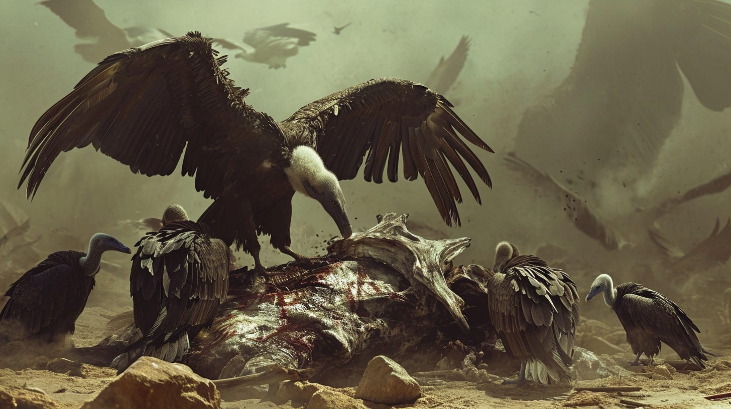 An AI-generated image of vultures feeding on a carcass. Image created using Midjourney. 