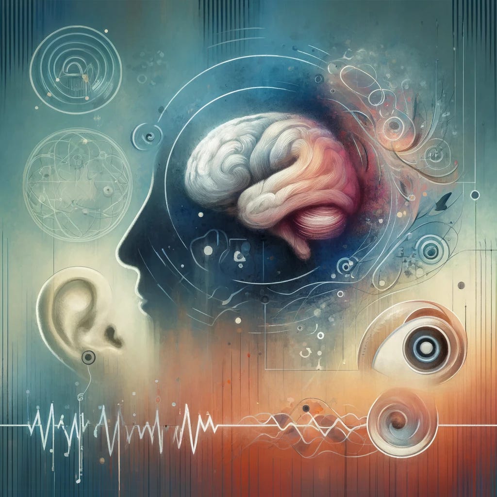 Create an abstract image representing Havana Syndrome, focusing on the medical aspects of the condition. Visualize this with a blend of symbols that evoke the symptoms - a brain to represent cognitive effects, ears for hearing issues, and a wave pattern to suggest the mysterious cause, possibly energy waves. Incorporate soft, yet contrasting colors to convey the complexity and severity of the syndrome without inducing anxiety. The background should be subtle, possibly with shades of blue or gray, to keep the focus on the symbols. Ensure the image is free of any identifiable human figures, text, or numbers, aiming to communicate the medical perspective of Havana Syndrome in an abstract and artistic manner.