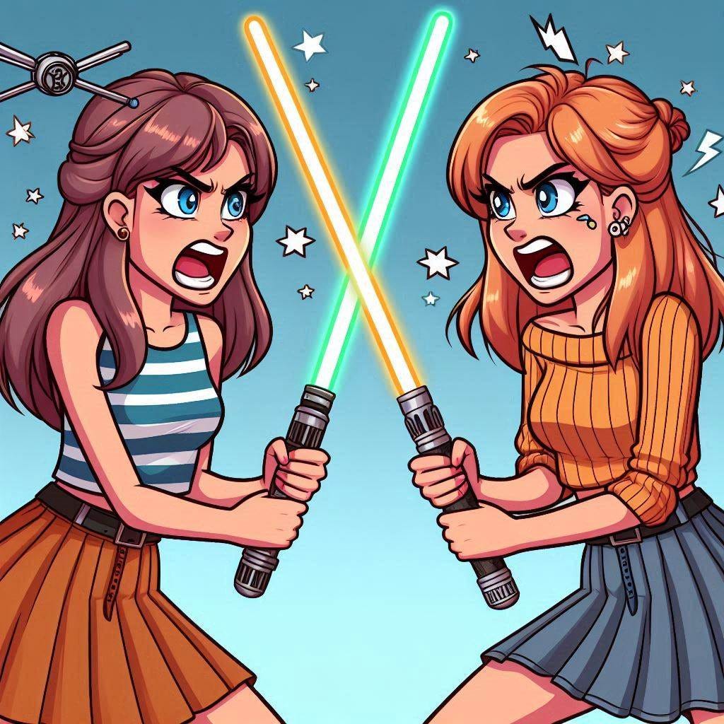 Two angry pop fangirls fighting with lightsabers