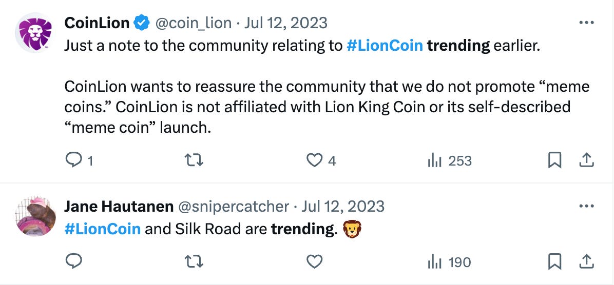 screenshots of posts indicating that #LionCoin trended on X on July 23rd, 2023