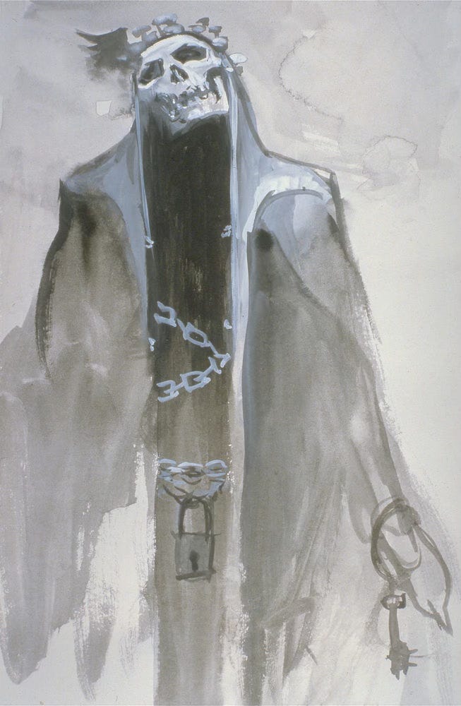 Loose tonal concept for DESTROYING ANGEL featuring the angel of death with chains criss-crossing its torso. A padlock hangs from its waist. A key dangles from a ring on its arm.