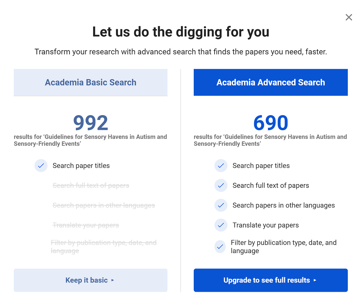 Screenshot of a webpage on academia.edu. The title says "Let us do the digging for you" and presents you with information about free Academia Basic Search versus a paid version. The free version only lets you search paper titles, but it actually comes up with more results than the paid version.