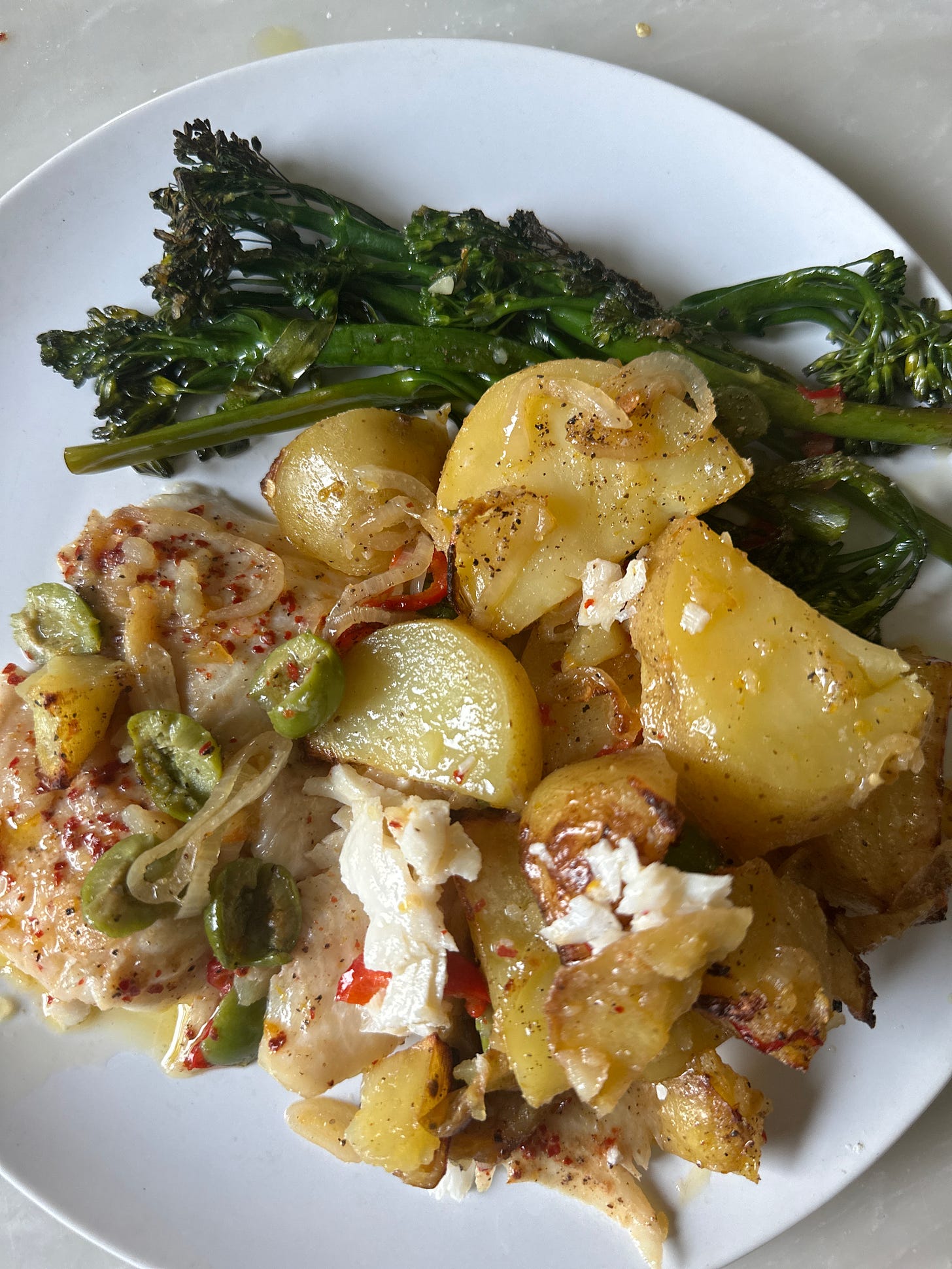 Citrus Flounder with Potatoes, torn olives and chilies with Roasted Broccolini