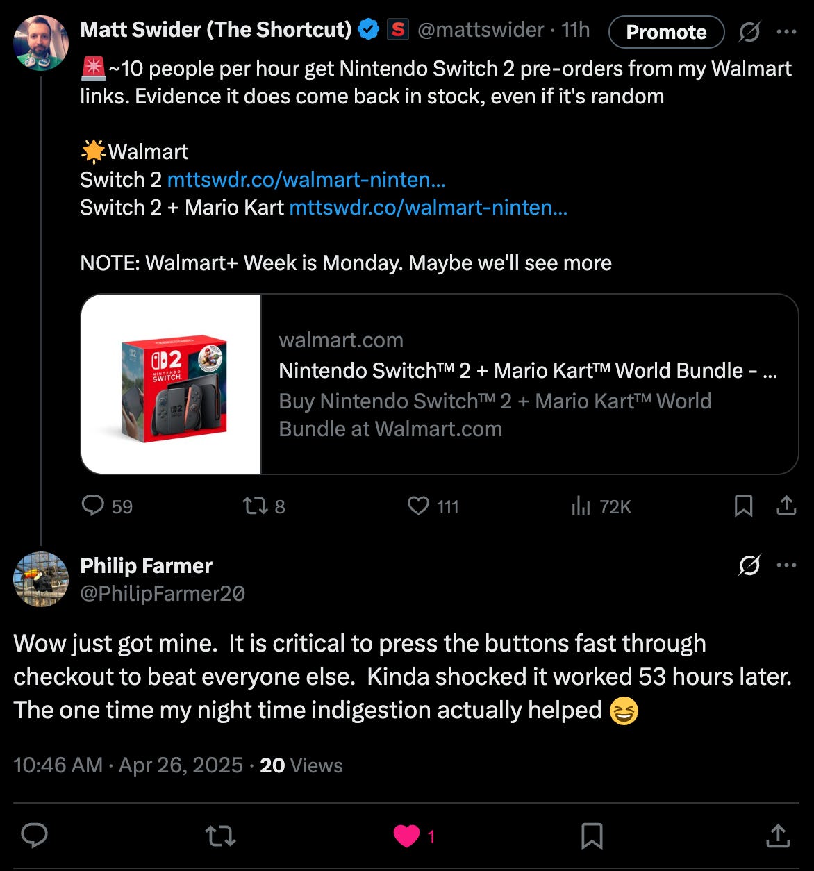 Twitter/X post showing that Walmart has Nintendo Switch 2 pre-orders in stock on April 26, 2025