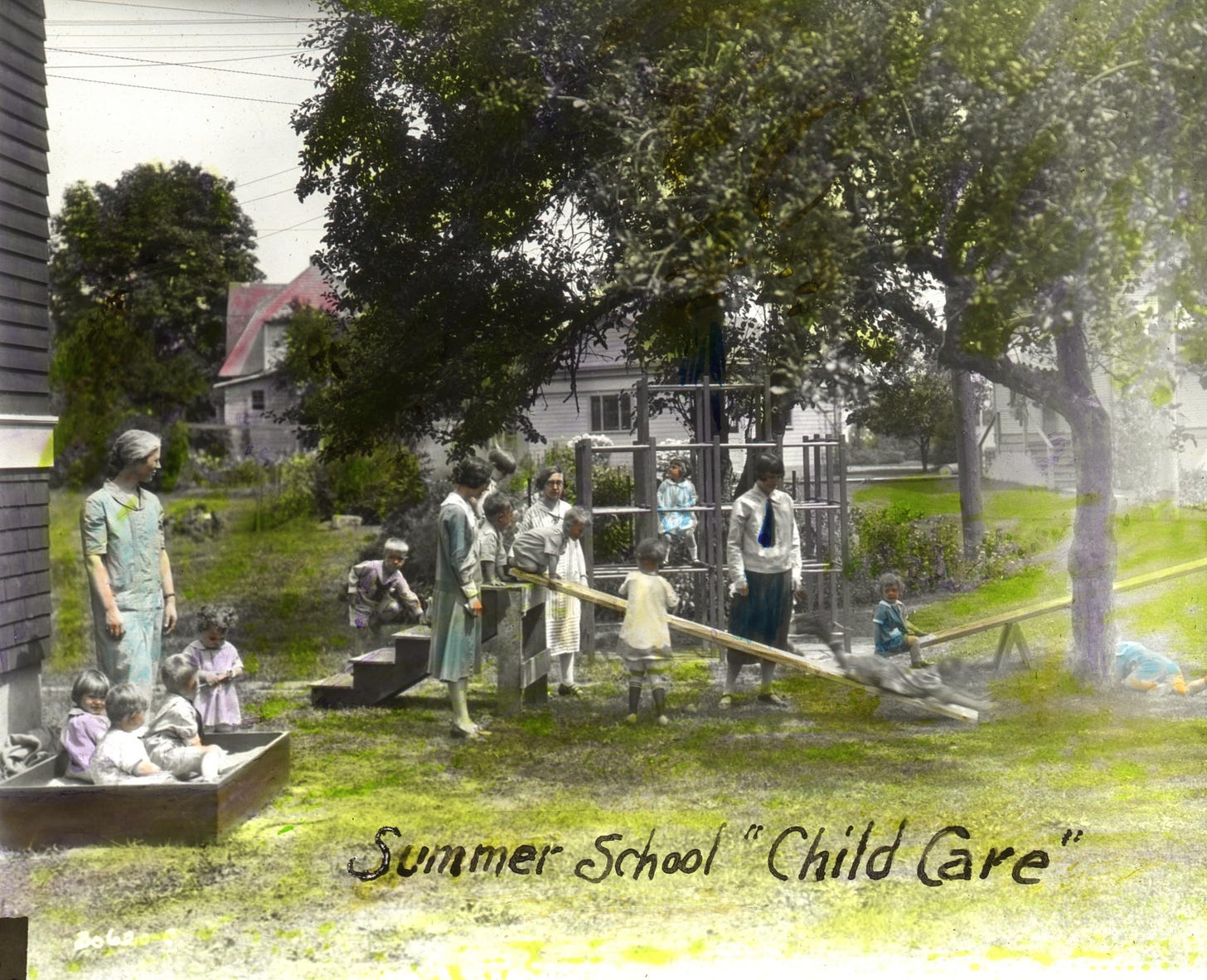 Old fashioned photo of adults watching children play on a small playground