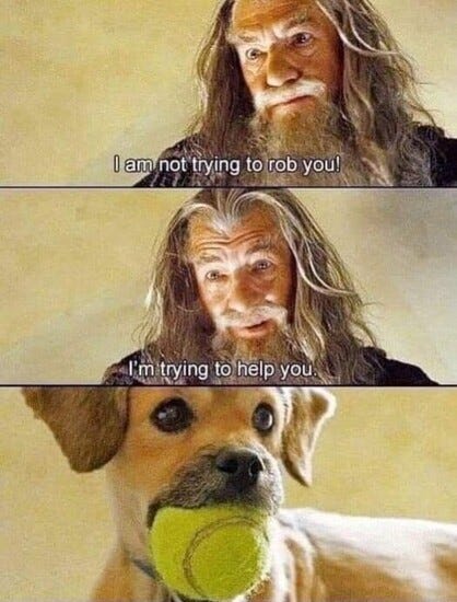 A three-panel meme. The first two panels are Ian McKellen as Gandalf in the first Lord of the Rings movie, saying “I am not trying to rob you!” while he looks offended, followed by “I’m trying to help you.”, looking friendly.

The third panel is a small dog with a tennis ball in its mouth, looking like it’s about to run away if the human gets too close.