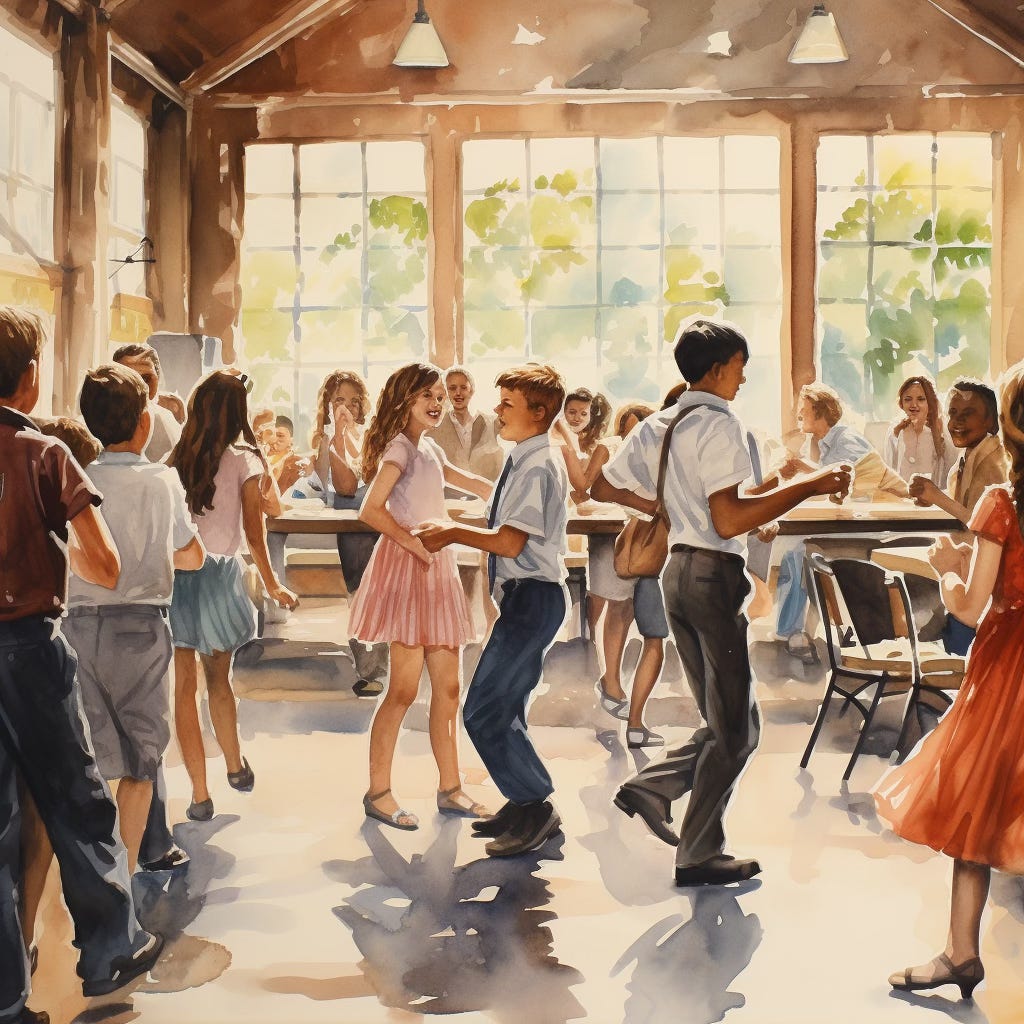 watercolor of a group of middle school kids gathered for social dancing in a cafeteria cleared of tables