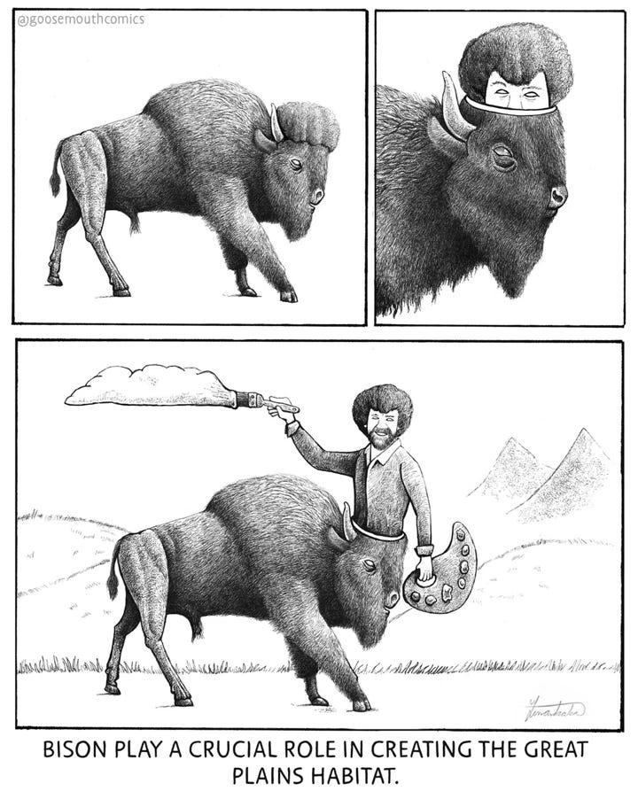 A surreal image of a famous painter climbing out of a bison