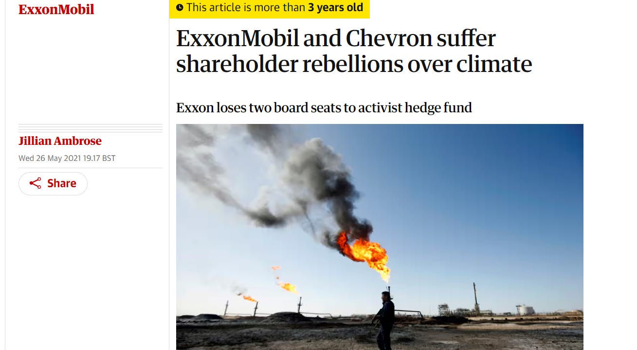 Headline reads: ExxonMobil and Chevron suffer shareholder rebellions over climate," May 2021.