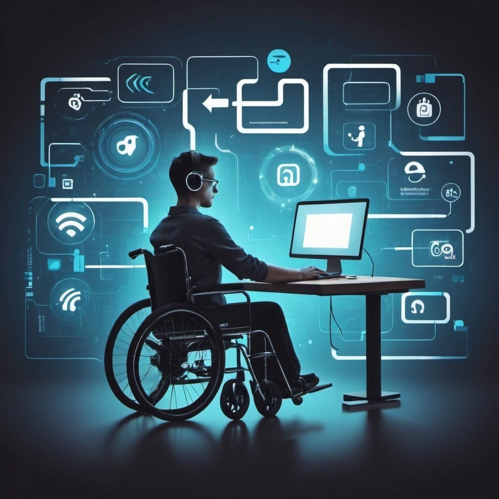 image of person in wheelchair at a computer desk. background graphics show complex computer interactions