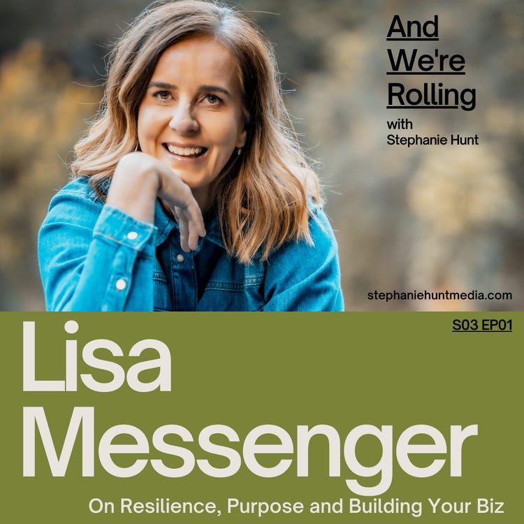 Lisa Messenger sitting with green coloured branding.