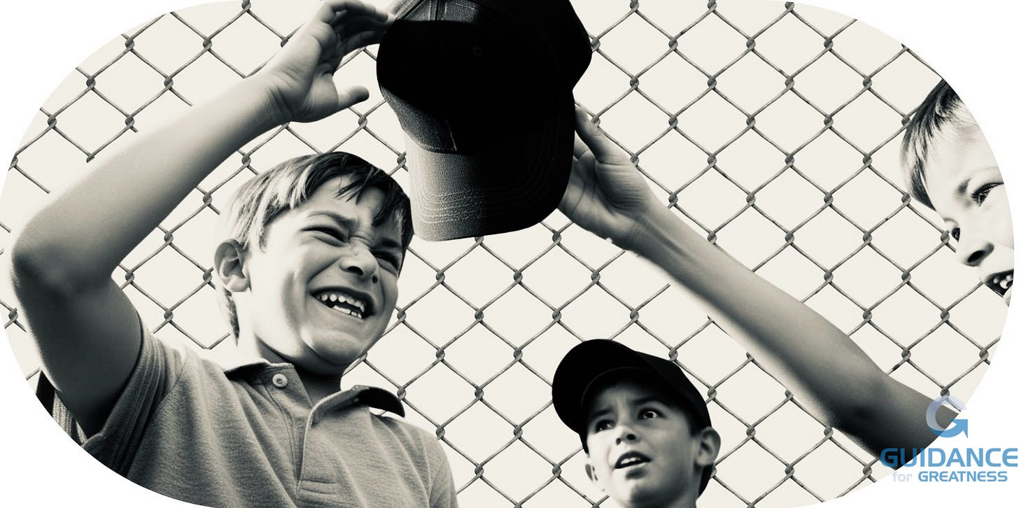 An image in black and white sepia of a tough-looking boy with a smug smile accepting a baseball cap from a boy cropped on the right with another boy looking on with delight. The boy taking the cap is larger than the others. In the background is a cyclone fence and the whole image is framed in a horizontal oval.