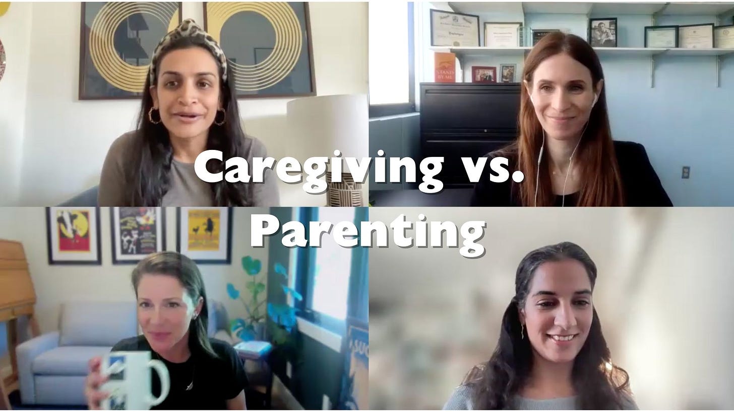 A screenshot of four women speaking on a Zoom conversation, overlaid with Caregiving vs. Parenting.