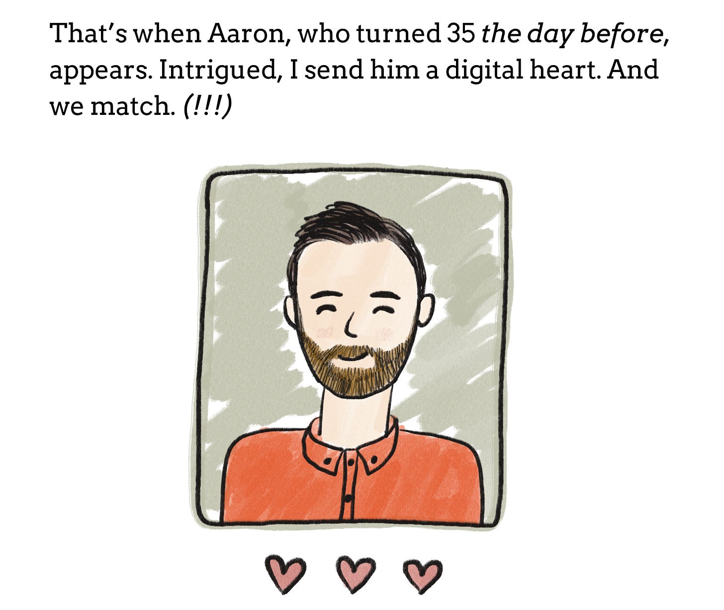 An illustration of the a white male with a brown beard and brown hair. He's wearing a red button up. The text reads: "That's when Aaron, who turned 35 the day before, appears. Intrigued, I send him a digital heart. And we match. (!!!)"