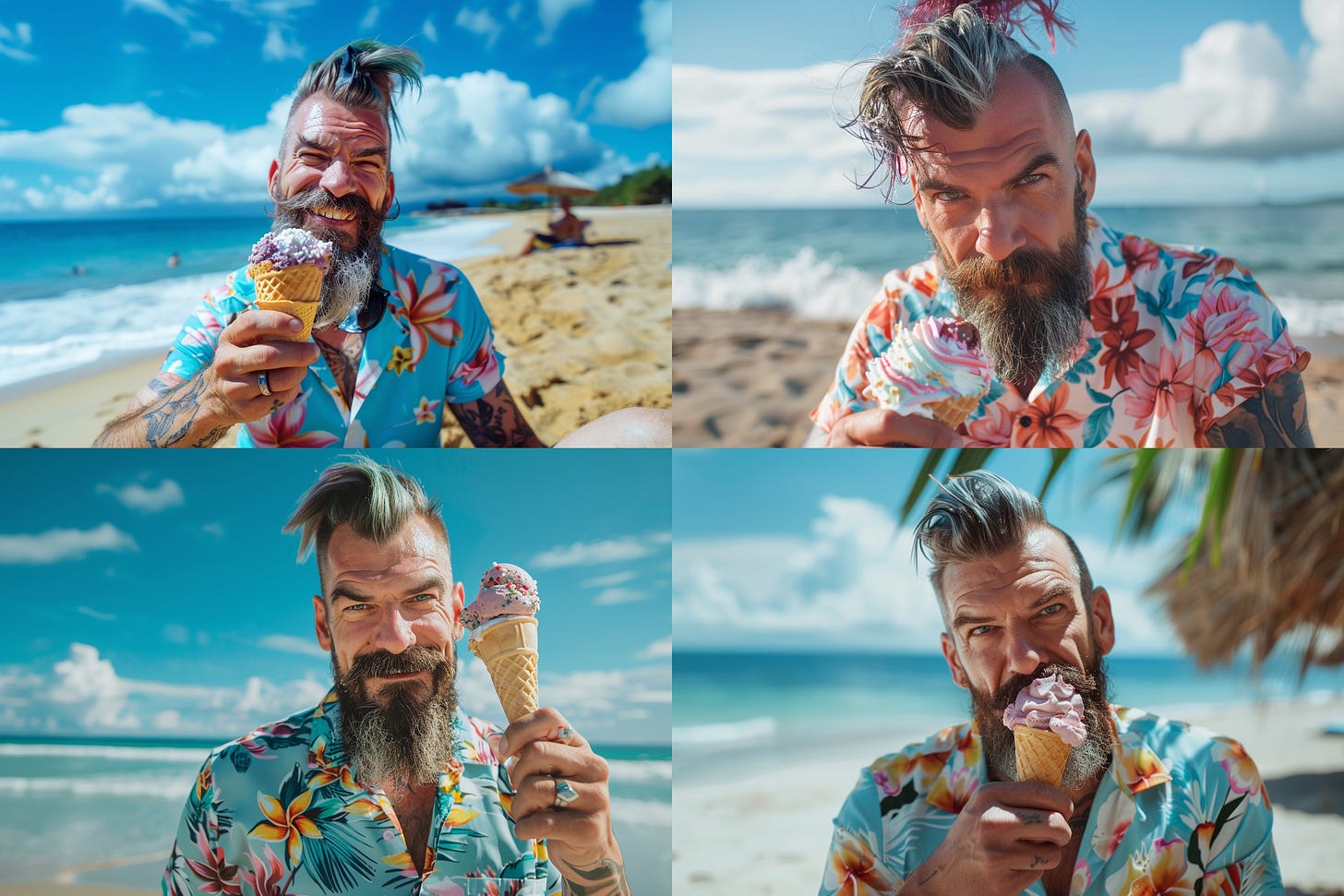 Viking eating ice cream on the beach in a Hawaiian floral shirt