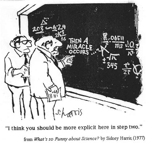 scientists at blackboard with “then a miracle occurs” mid-equation and dialogue “I think you should be more explicit here in step two.”