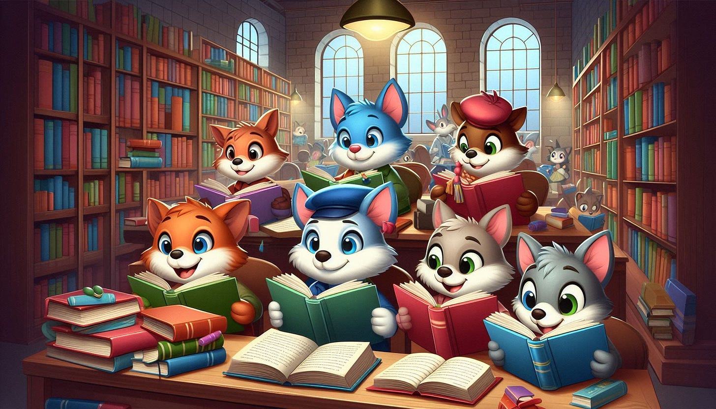Cartoon animals reading in a library