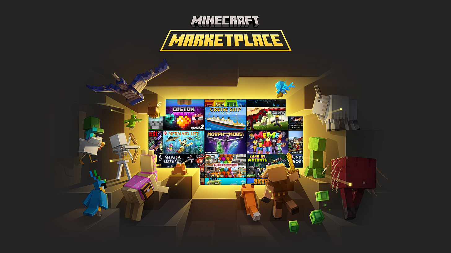Minecraft characters stare at rectangular logos representing Minecraft Marketplace content