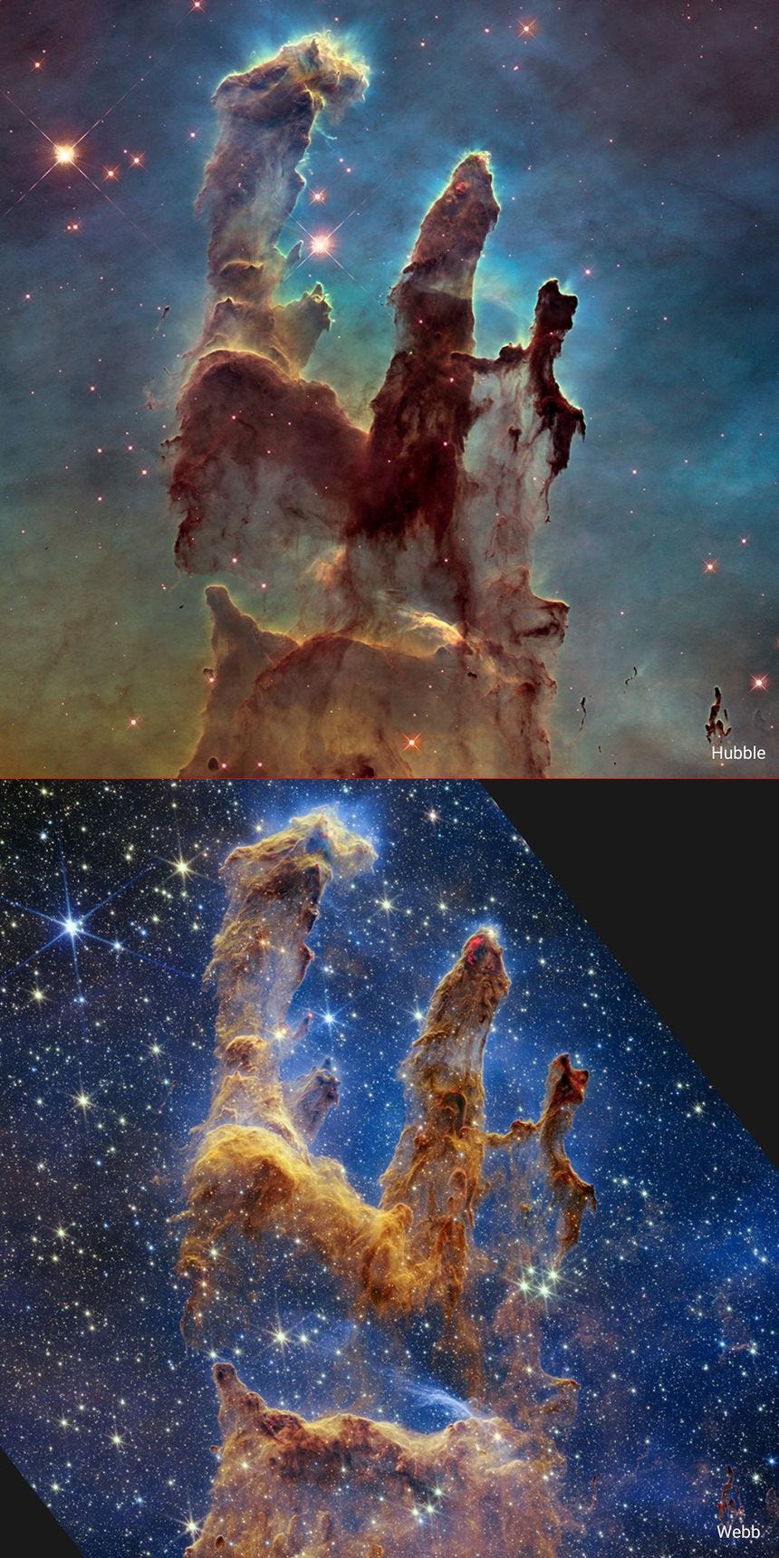 Le télescope Hubble a été saisi une première fois en 1995, puis revisité en 2014 (image du dessus). En 2022 c'est au tour de Webb de saisir le cliché