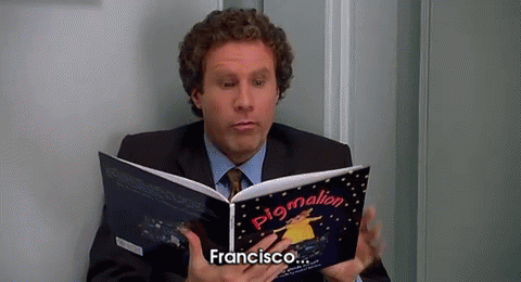 Buddy the Elf reading a book and saying "Francisco..." after a scene where he mentions that name is fun to say