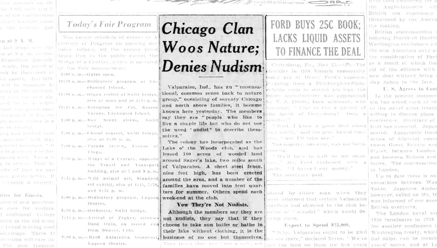 Headline: Chicago Clan Woos Nature; Denies Nudism