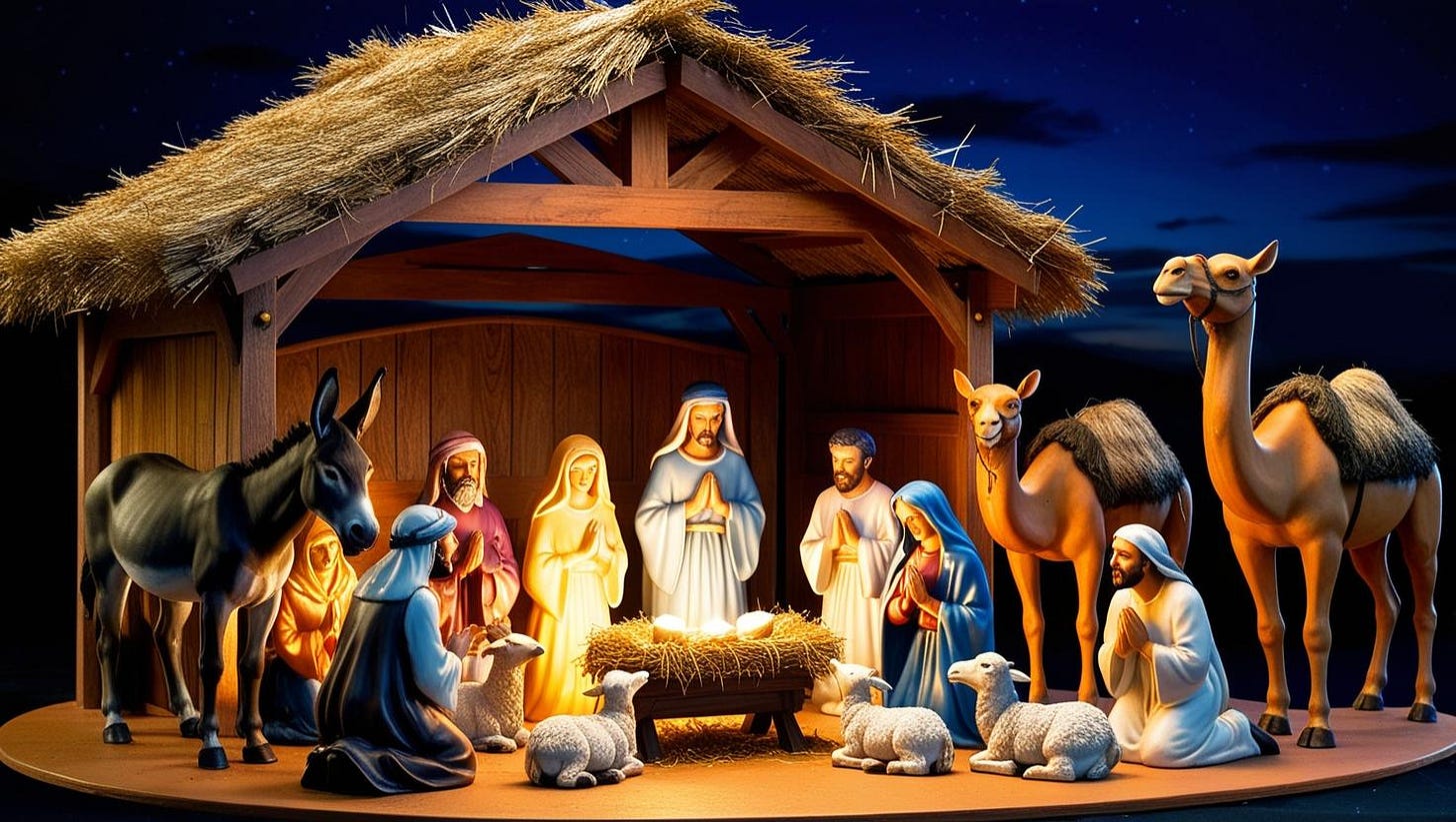 The nativity scene with baby jesus in the centre surrounded by mary, joseph, shepherds, kings, sheep, camels, donkey