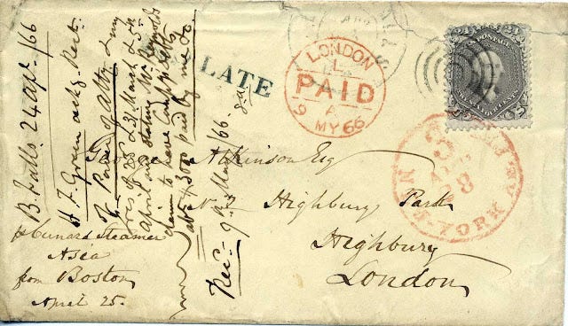 1866 cover from US to London with lots of docketing