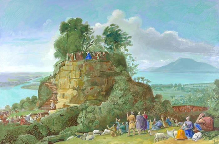 A painting by David Hockney of a blue-robed Jesus atop a distant, wooded hill, teaching a crowd of people gathered on the surrounding slopes with the Sea of Galilee in the background.