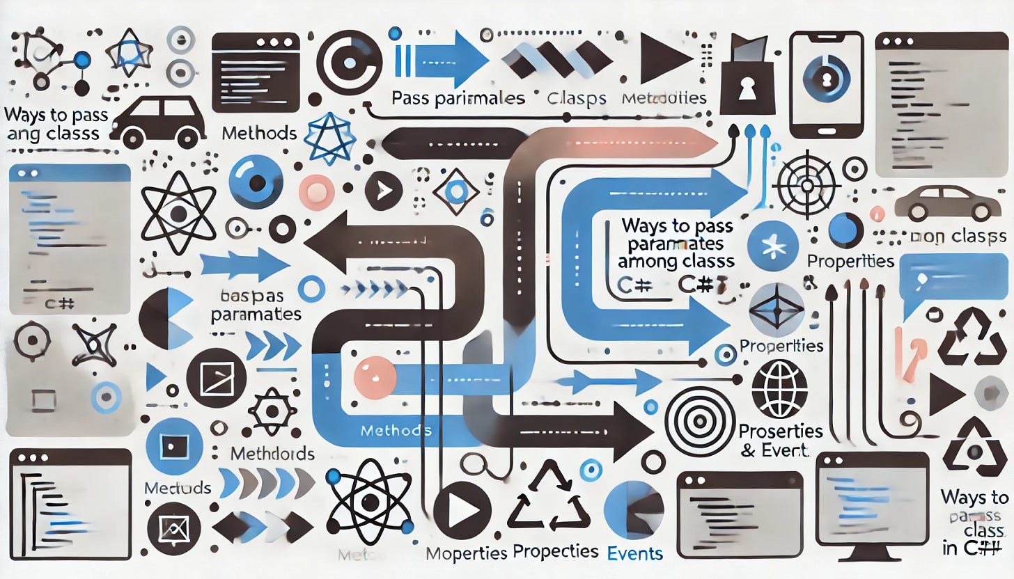 A visually engaging 16:9 image representing various ways to pass parameters among classes in C#. The image should include abstract visuals like arrows, class icons, and symbols for methods, properties, and events, interconnected to show different communication styles. Use a clean, modern design with subtle colors and no text, focusing on clarity and the concept of dynamic interaction between classes.