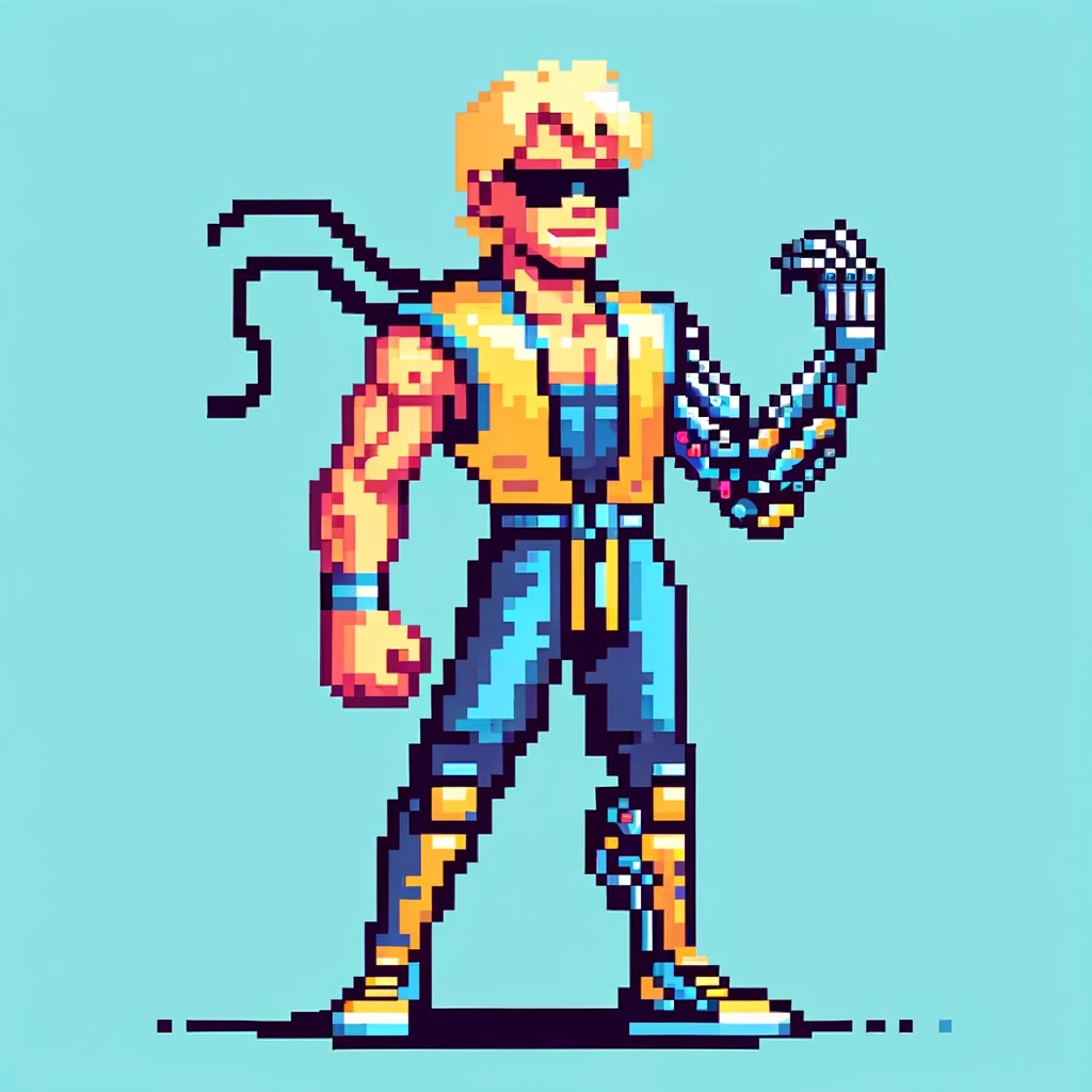 Design an 8-bit themed video game character inspired by Mortal Kombat's Johnny Cage with blonde hair, featuring a prominent robotic arm. The character has a retro pixel art style, displaying a confident stance and is dressed in a simplified, iconic 8-bit martial arts outfit akin to a movie star, complete with pixelated sunglasses and a charismatic smile. The robotic arm is stylized with chunky pixels to represent advanced technology, with minimal glowing lines indicating it's powered up. The outfit and character should have a color palette suitable for classic 8-bit games, with bold primary colors.