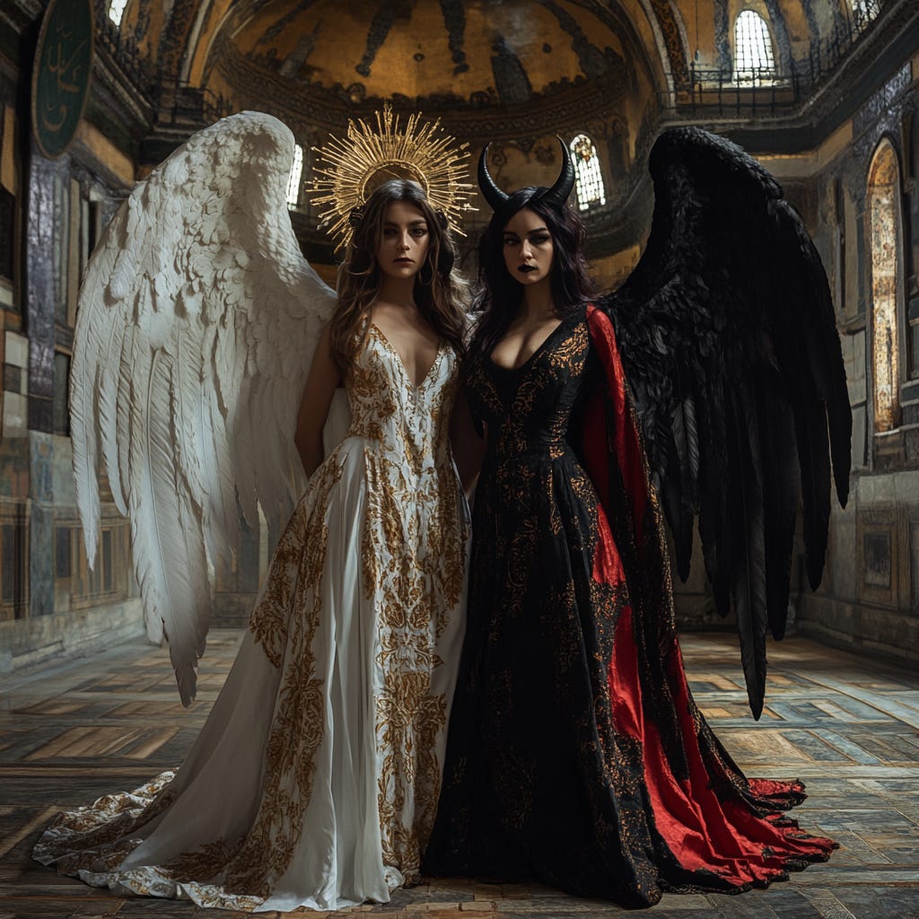 Two twin sisters standing side by side inside the grand Hagia Sophia. 